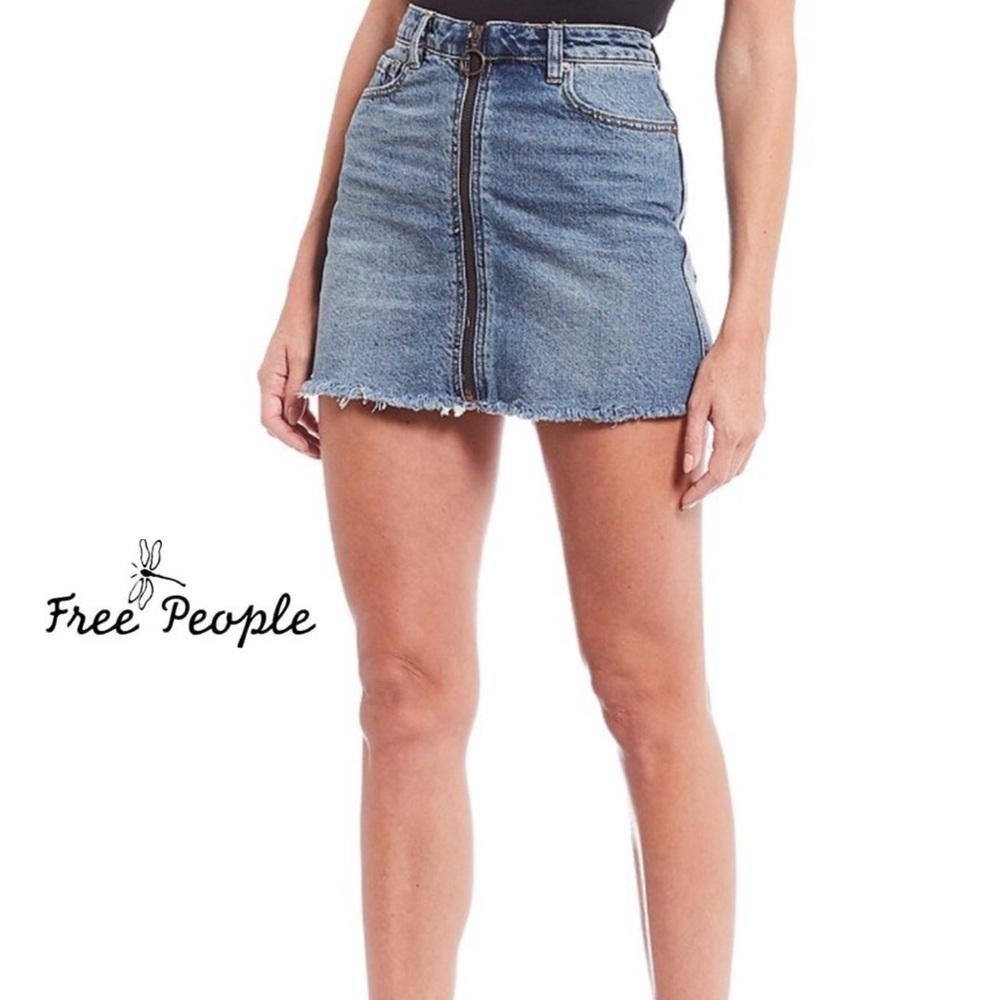 FREE PEOPLE Zip It Up Denim Mini Skirt Blue Jean